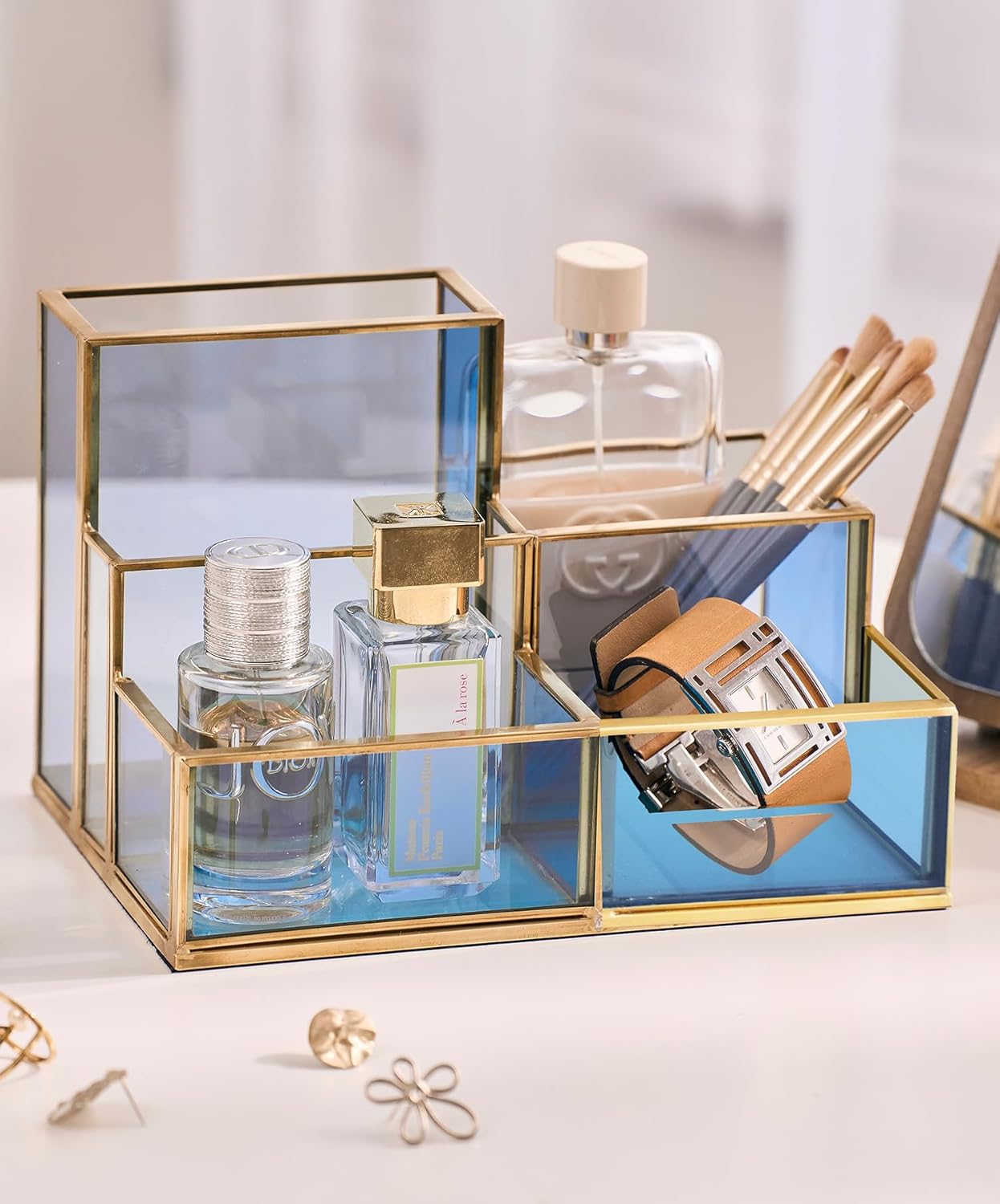 FONDAZZA Gold & Blue Glass Desk Organizer - Elegant Office Decor, Aesthetic Makeup Brush Holder, 2-Compartment Pen Holder, Pencil Cup, Vanity & Cosmetic Storage, Desk Accessories for Women