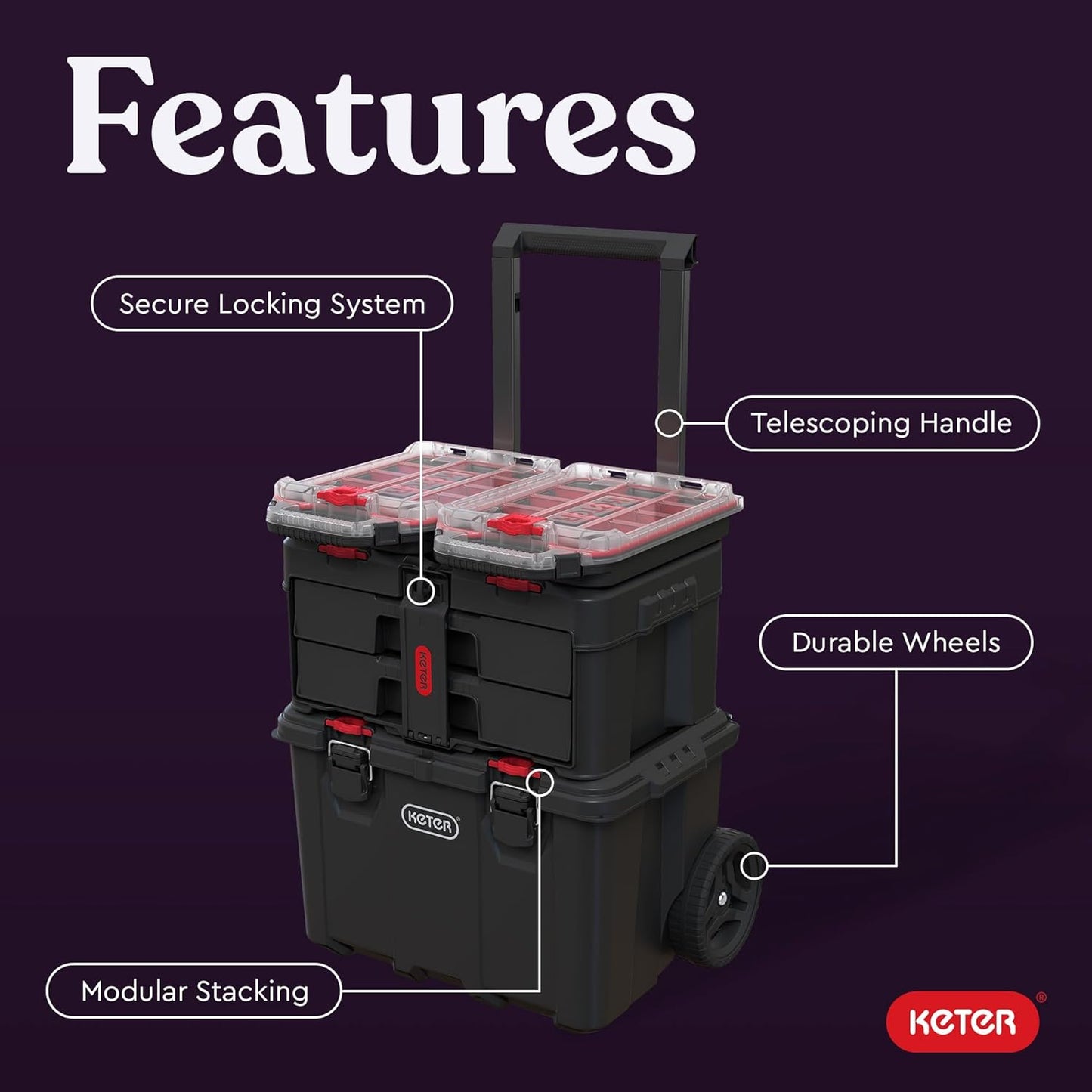 Keter Stack-n-Roll Two Drawer Tool Box for Small Parts and Power Tool Accessories, Fits Keter Modular Tool Storage System