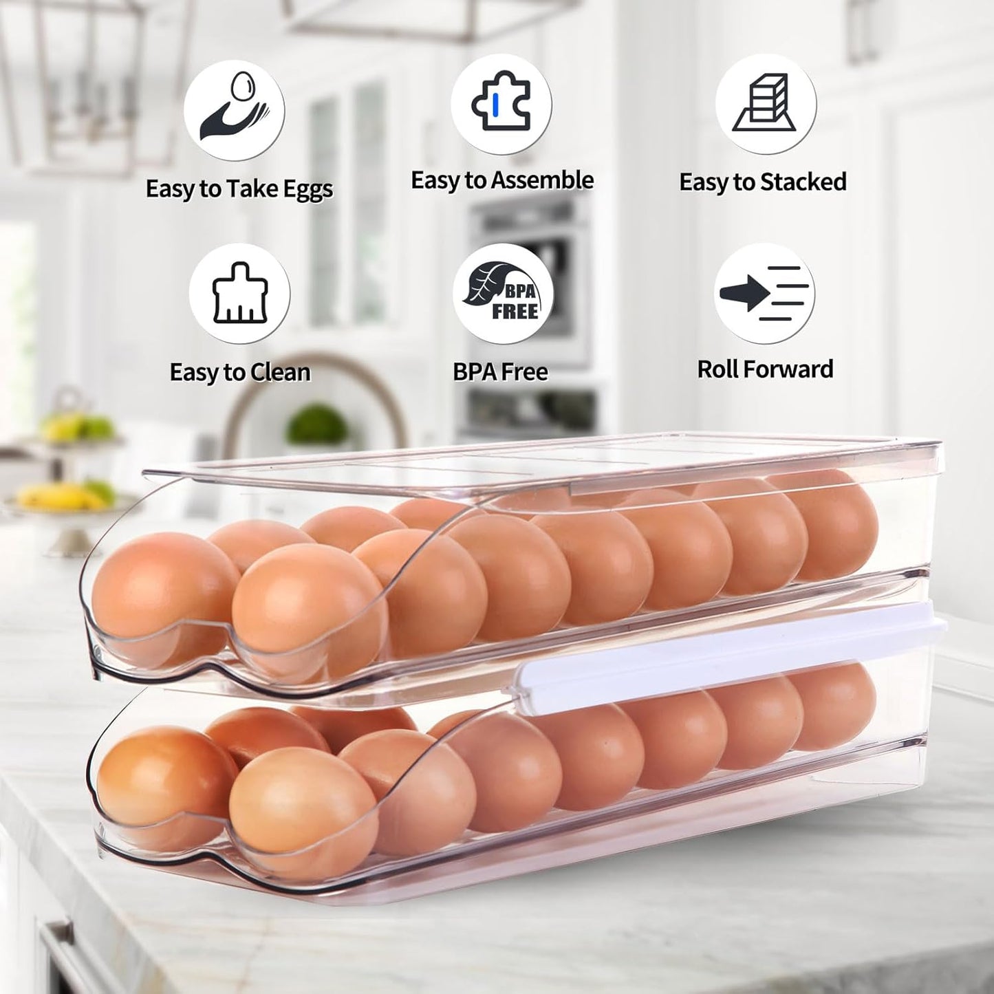 RoskDeewat Egg Holder for Fridge, Automatic Rolling Egg Container for Refrigerator, Stackable Fridge Organizers and Storage with Lid, Clear Plastic Egg Dispenser,Bin & Tray (1 Tier)
