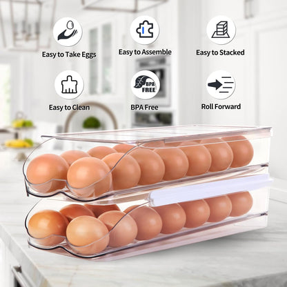 RoskDeewat Egg Holder for Fridge, Automatic Rolling Egg Container for Refrigerator, Stackable Fridge Organizers and Storage with Lid, Clear Plastic Egg Dispenser,Bin & Tray (1 Tier)
