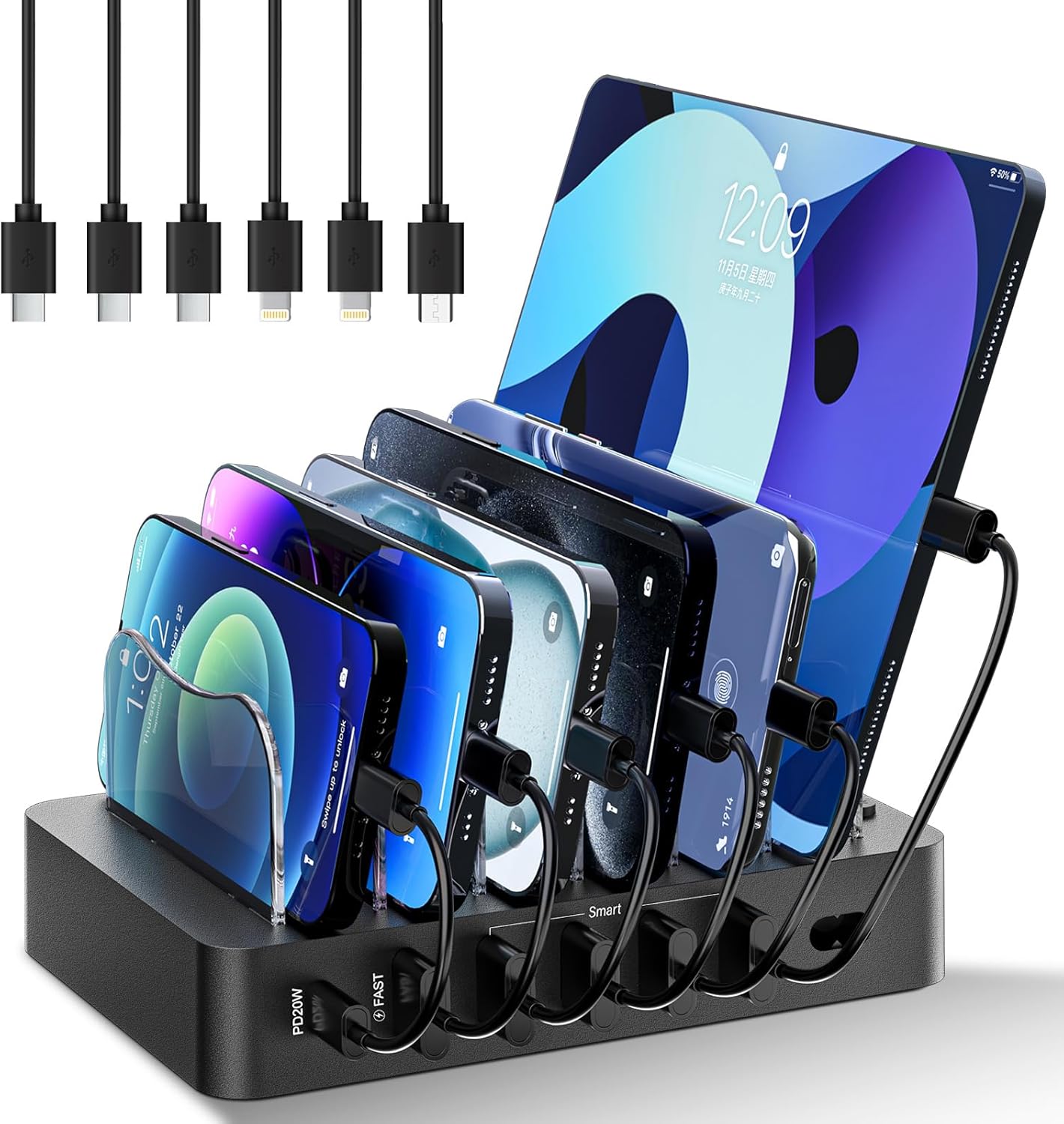 Charging Station for Multiple Devices 68W 6 Port Phone Charger Dock with 6 Cables, 20W Black Fast Charging Station Compatible with Apple Cellphone iPad iPhone Tablet(Black)