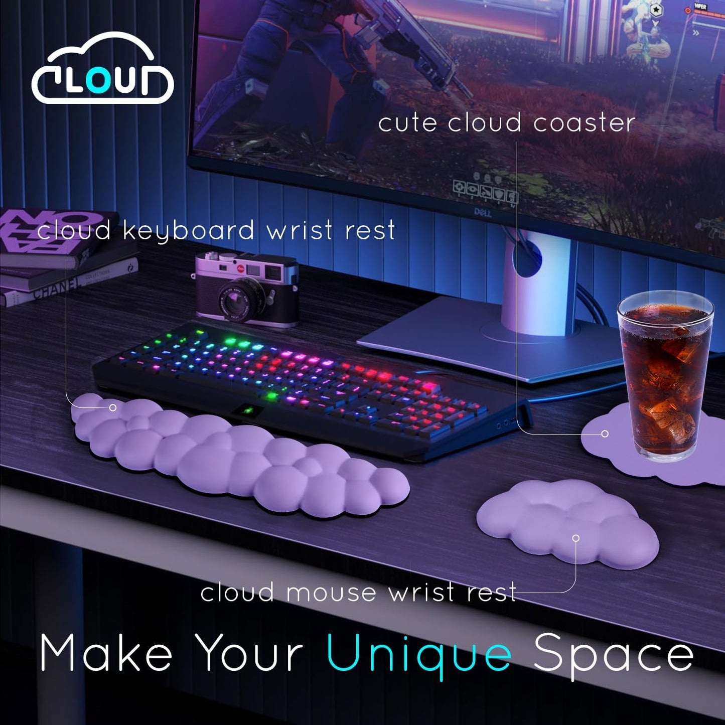 Cloud Wrist Rest for Computer Keyboard Arm Wrist Rest with Non-Slip Base Extended Wrist Rest Ergonomic Memory Foam for Keyboard and Mouse Typing Pain Relief, Office, Gaming, Computer