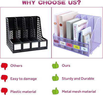 Desk Organizers, Metal Magazine File Holder with 5 Vertical Compartments Rack Binder File Organizer for Office Supplies, Home Workspace - Black