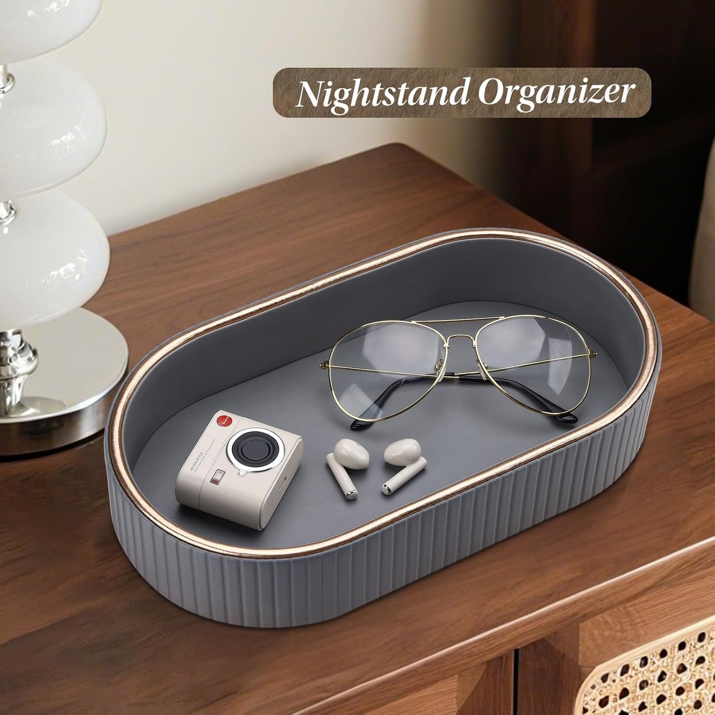GORESE PU Leather Perfume Tray Nightstand Organizer, Small Oval Desk Tray Jewelry Trinket Trays Valet Organizer Key Bowl for Entryway Dresser Bathroom, Catchall Trays for Men Women, 11×5.9 in, Beige