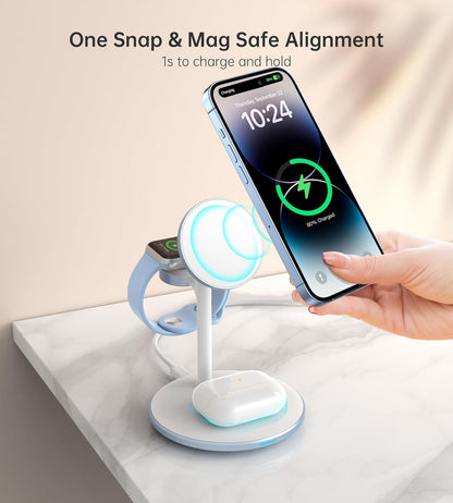 XooFly 3 in 1 Wireless Charging Station for Apple Devices, Fast Wireless Mag-Safe Charger Stand with 20W Adapter for iPhone 17 16 15 14 13 12 Pro Max/Air/Plus/Pro,iWatch,AirPods-Gift for Wife&Husband