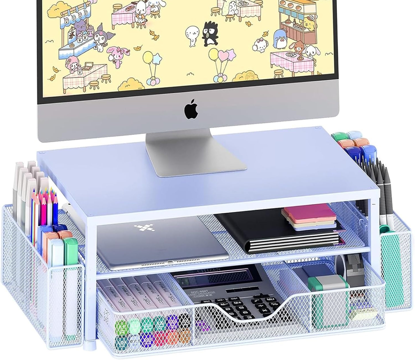 OPNICE Desk Organizers and Accessories, Computer Monitor Stand Riser with Drawer and 2 Pen Holders, Printer & Laptop Stand, Office Desk Accessories & Workspace Organizers for Home Office Supplies, Black