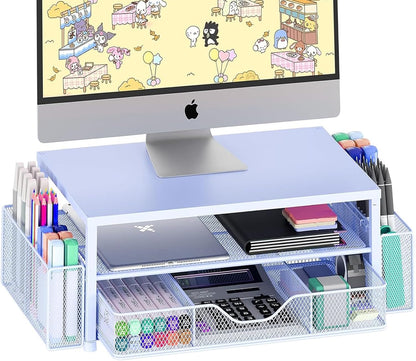 OPNICE Desk Organizers and Accessories, Computer Monitor Stand Riser with Drawer and 2 Pen Holders, Printer & Laptop Stand, Office Desk Accessories & Workspace Organizers for Home Office Supplies, Black