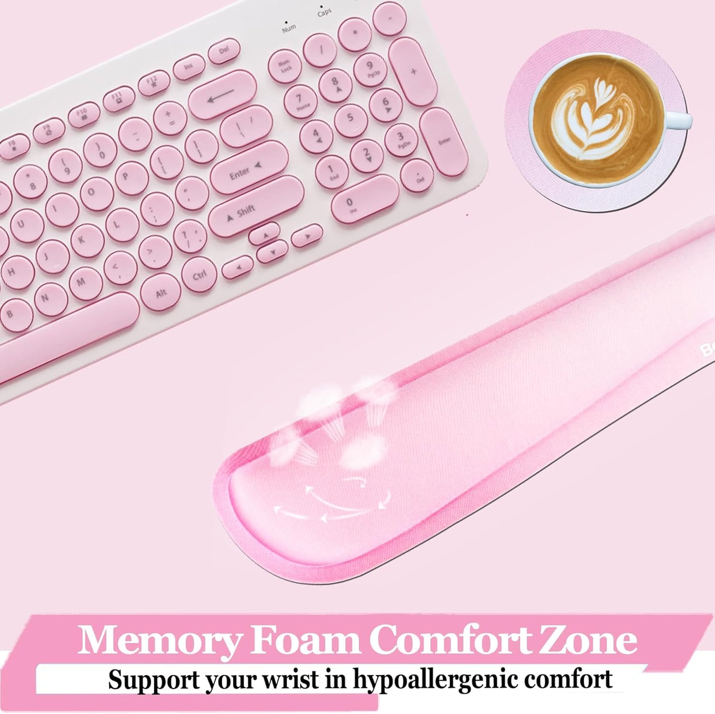 BamLue Upgrade Silky and Superfine Fabric Keyboard Wrist Rest, Gel Mouse Wrist Pillow Pad Set for Easy Typing & Pain Relief for Laptop, Office & Home, Ergonomic Sets for Keyboard-Pink