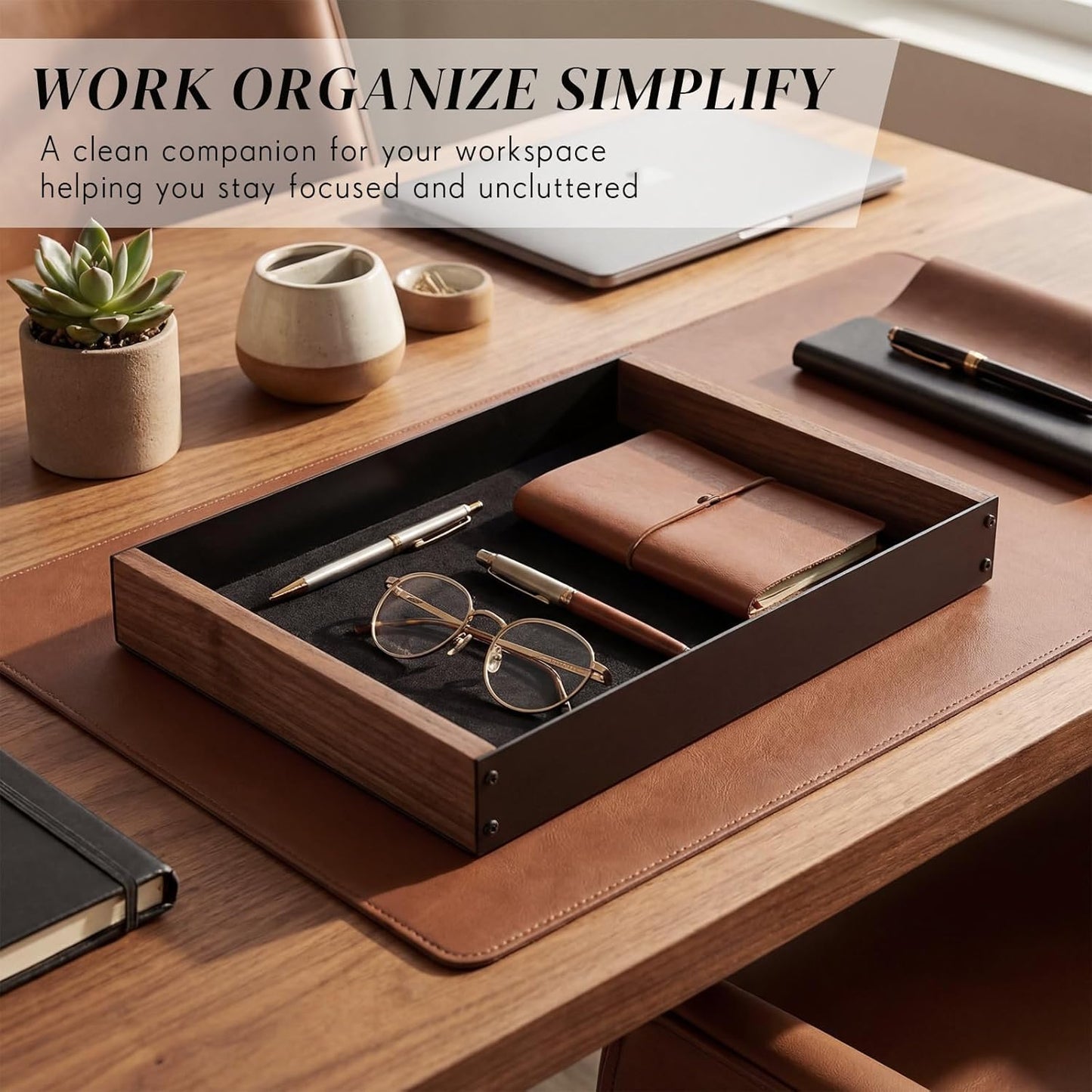 Geelin 2 Pack Desk Drawer Organizer, Valet Tray for Men, Nightstand Tray Acacia Wooden and Metal Entryway Bedside Dump Holder Accessories for Wallets, Keys, Watches, Phones, Loose Change, Trinkets
