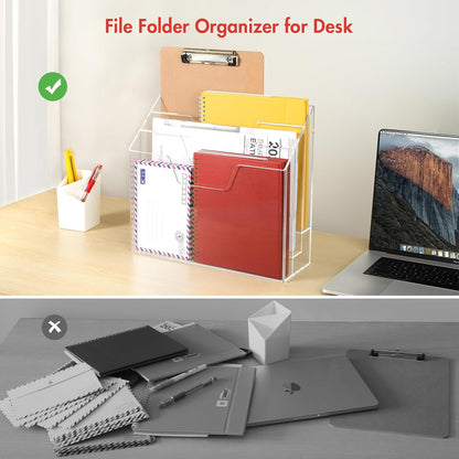 BEYGORM Acrylic File Folder Holder, 3 Tiers Clear Wall Hanging Magazine Rack, Desktop Large Vertical Tiered File Holder for Office and Home, Upright File Storage for Desk