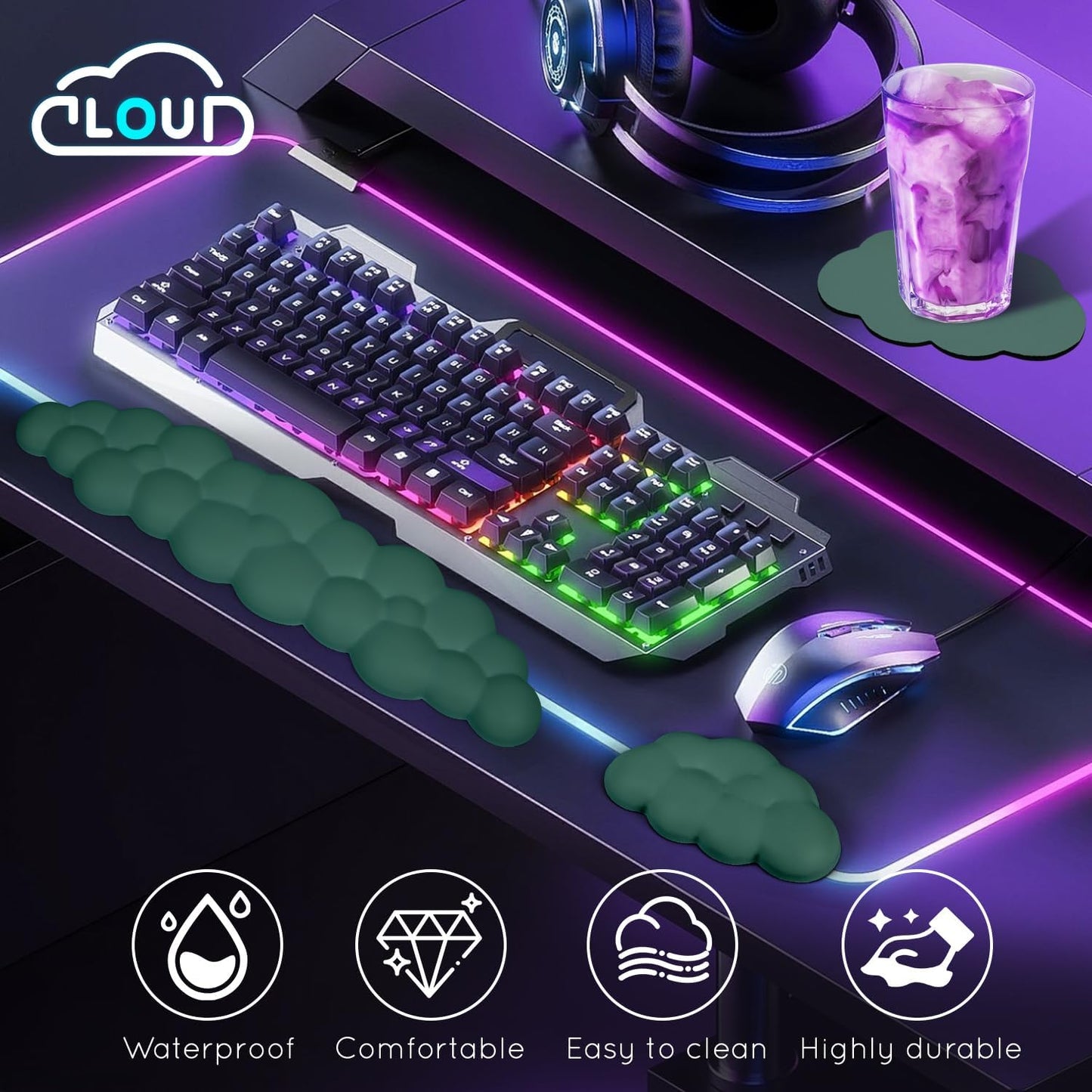Cloud Wrist Rest for Computer Keyboard Arm Wrist Rest with Non-Slip Base Extended Wrist Rest Ergonomic Memory Foam for Keyboard and Mouse Typing Pain Relief, Office, Gaming, Computer
