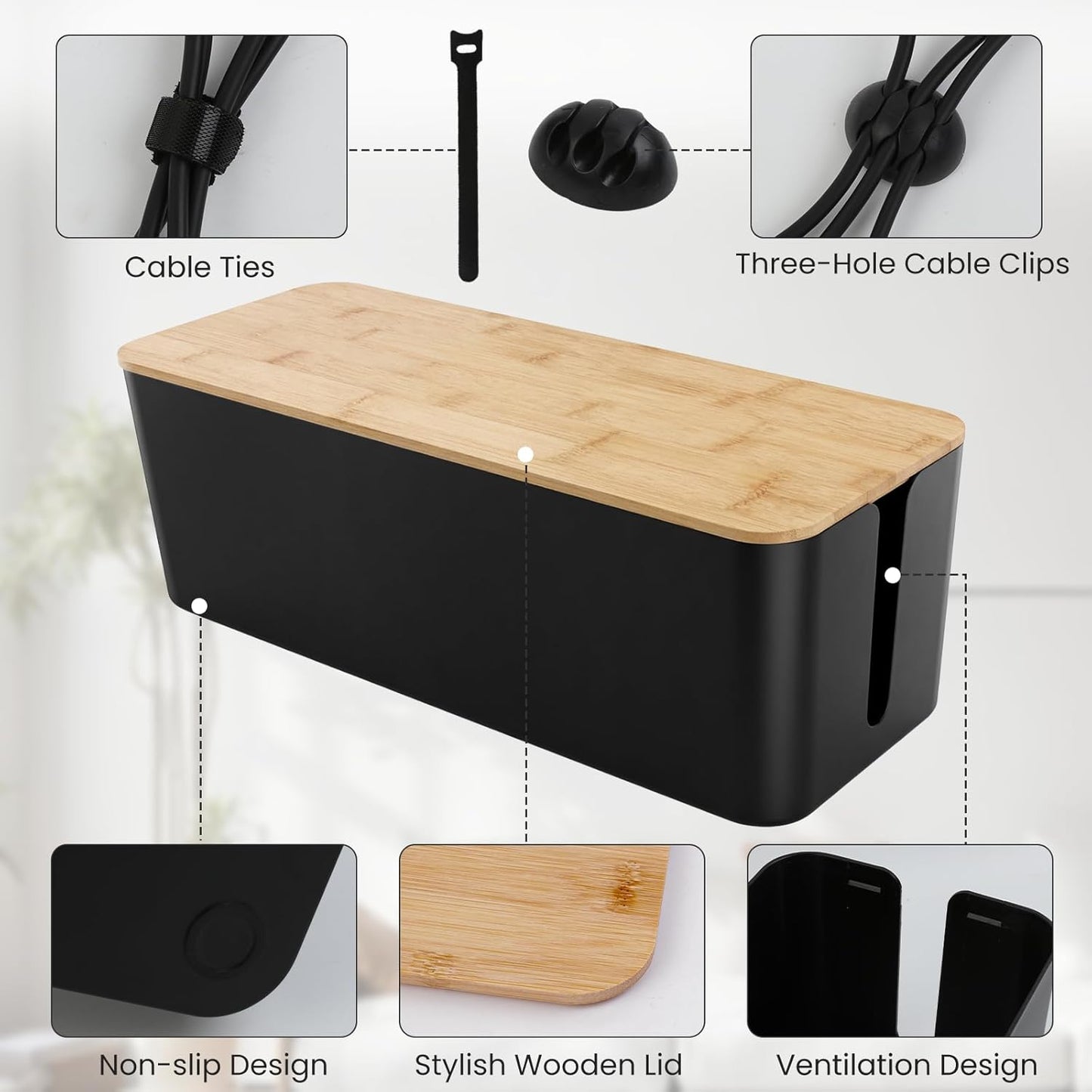2 Pack Cable Management Box - Cord Organizer Box with Wooden Lid for TV Wires, Power Strips, Router, USB Hub & Under Desk Power: Baby & Pet Proof Cord Management, Cord Hider for Home & Office (White)