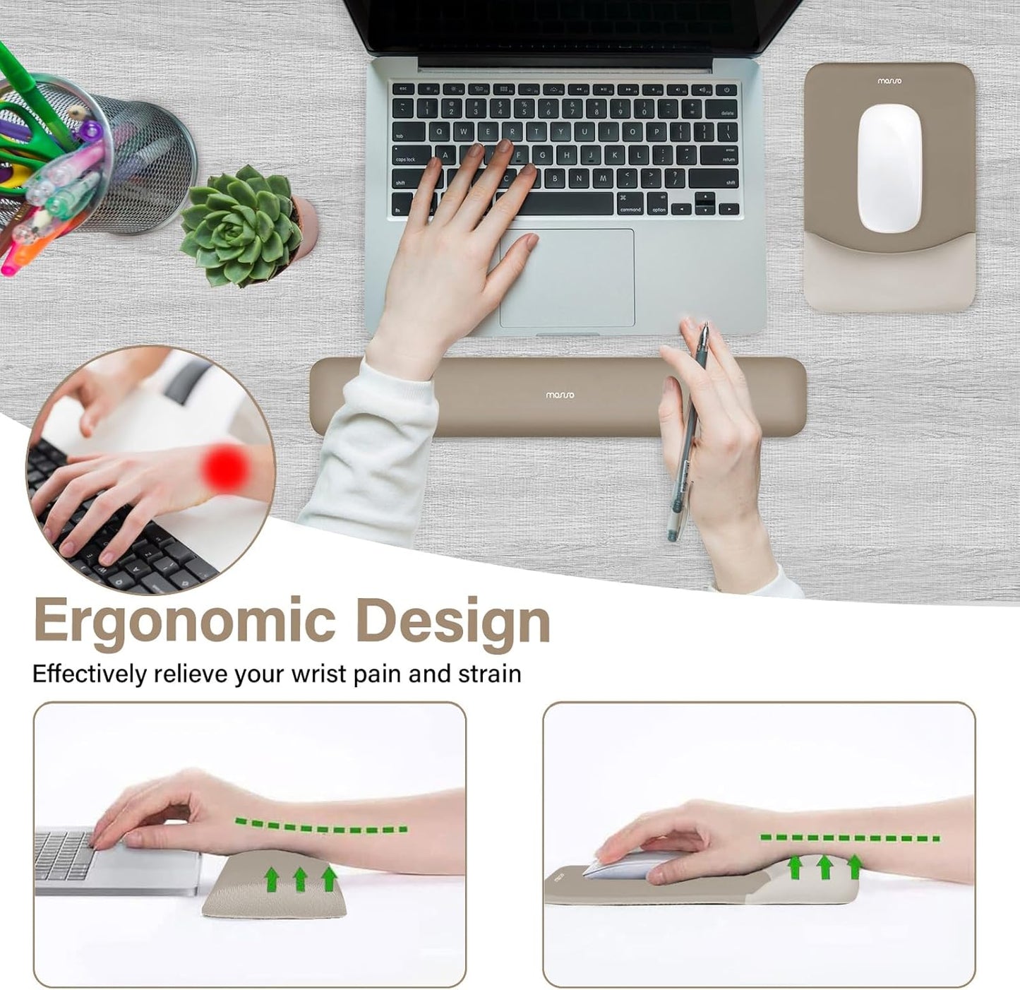 MOSISO Wrist Rest Support for Mouse Pad&Keyboard Set, Rectangular Ergonomic Mousepad Non-Slip Base Home/Office Pain Relief&Easy Typing Pad with Neoprene Cloth&Raised Silicone Lining, Green