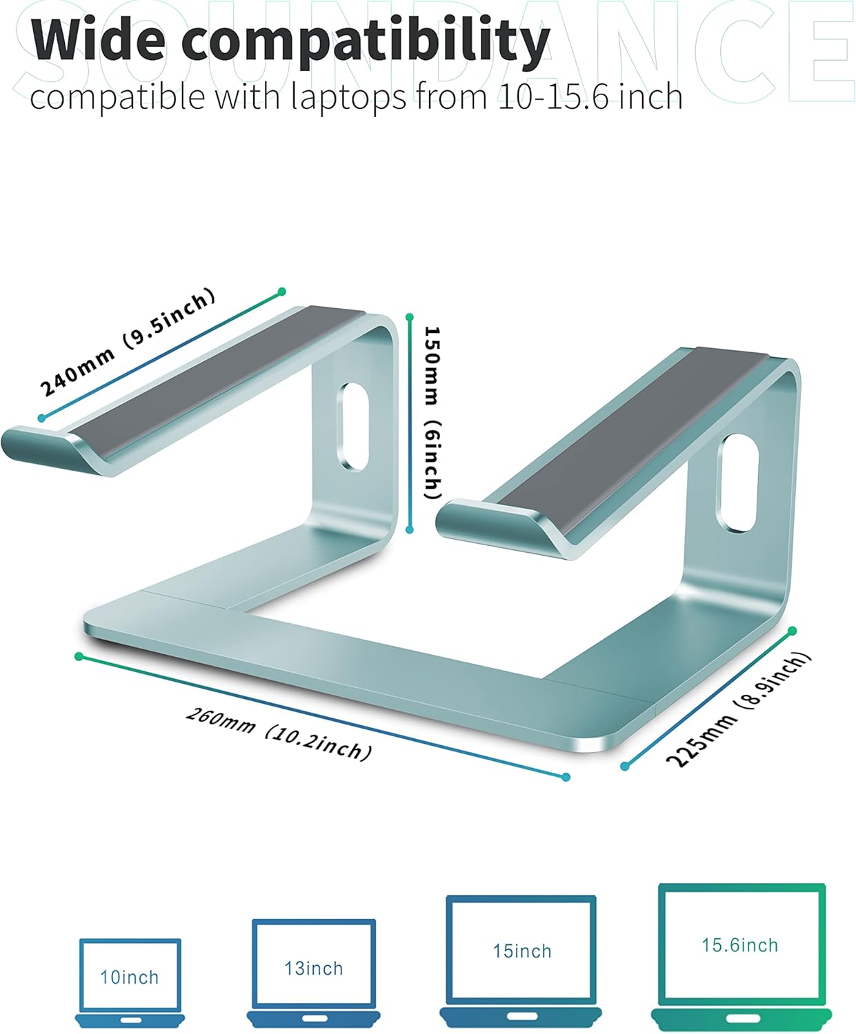 SOUNDANCE Laptop Stand, Aluminum Computer Riser, Ergonomic Laptops Elevator for Desk, Metal Holder Compatible with 10 to 15.6 Inches Notebook Computer, Silver