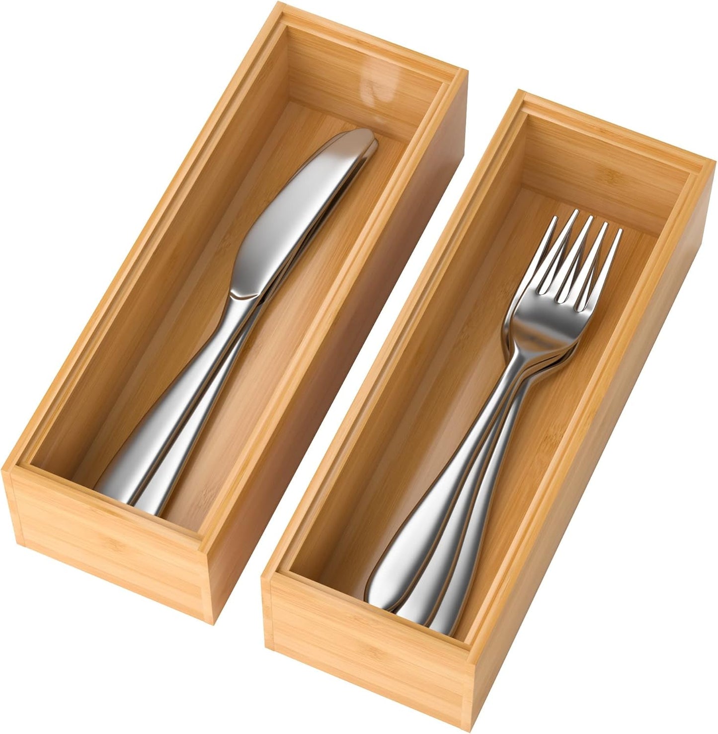 Lixple Bamboo Drawer Organizer, Cutlery Silverware Organizer for Kitchen Drawer, Stackable Utensil Organizer, 2 Pcs Flatware Organizer for Drawer, Wooden Storage Box Tray (Bamboo, 9 X 6 X 2 Inch)