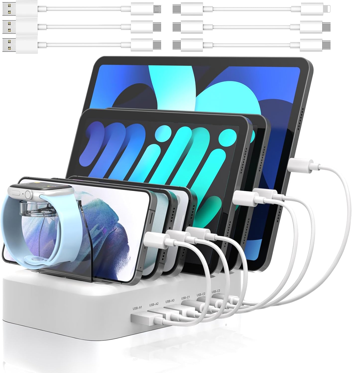 MSTJRY 90W 6-Port USB C Fast Charging Station for Multiple Devices, Multi PD Charger Station for iPhone iPad Tablet Phone, Charging Dock Organizer with Adjustable Dividers for Home Office Classroom