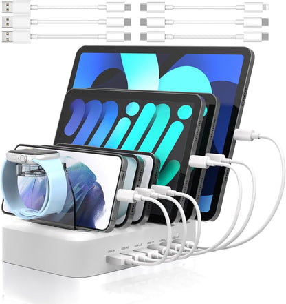 MSTJRY 90W 6-Port USB C Fast Charging Station for Multiple Devices, Multi PD Charger Station for iPhone iPad Tablet Phone, Charging Dock Organizer with Adjustable Dividers for Home Office Classroom