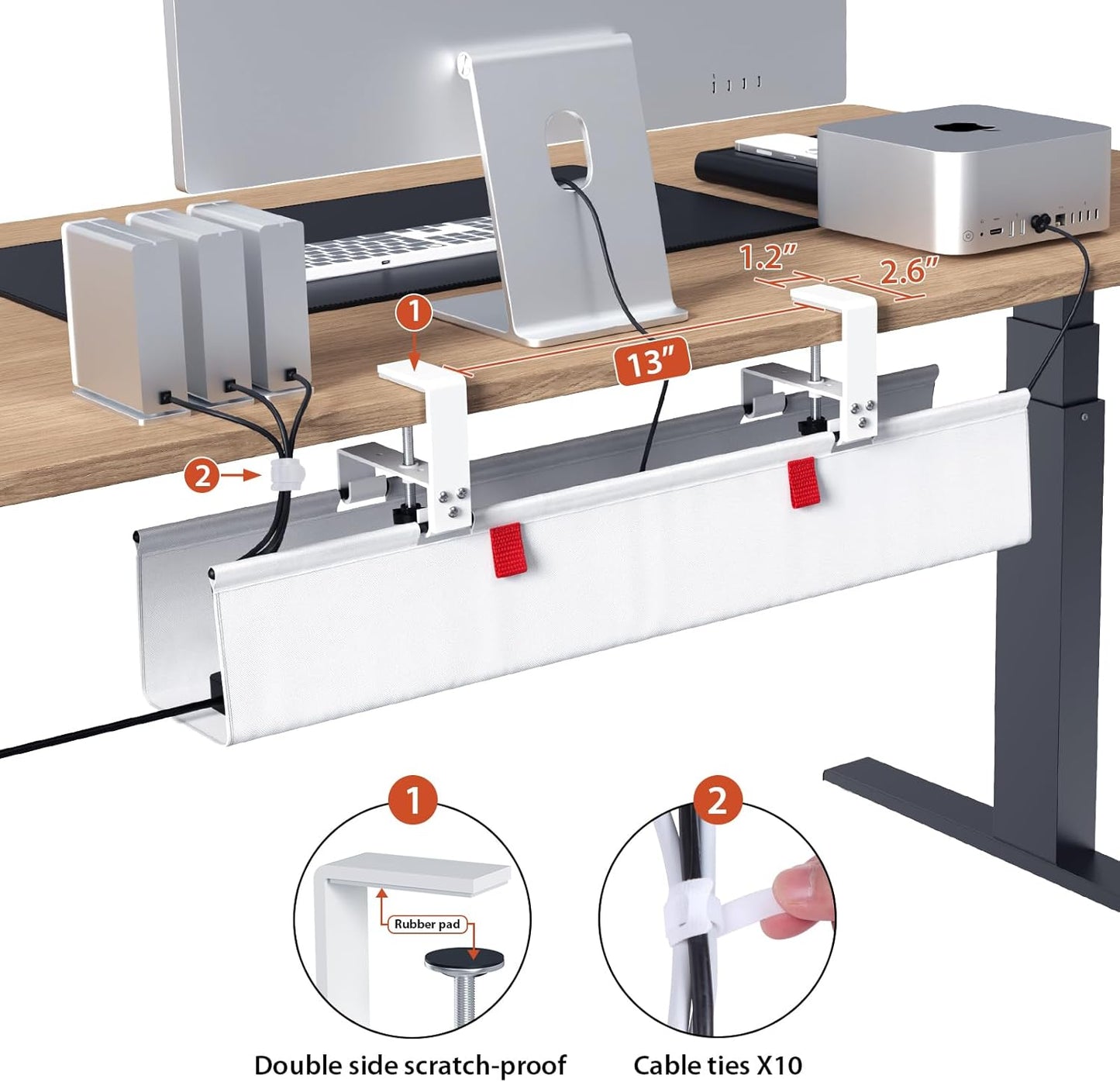 Univivi No Drill Under Desk Cable Management Tray, 36" Cord Organizer for Table, Clamp/Screw Mount Desk Cable Management, Premium Fabric Cable Management Tray for Office, Home