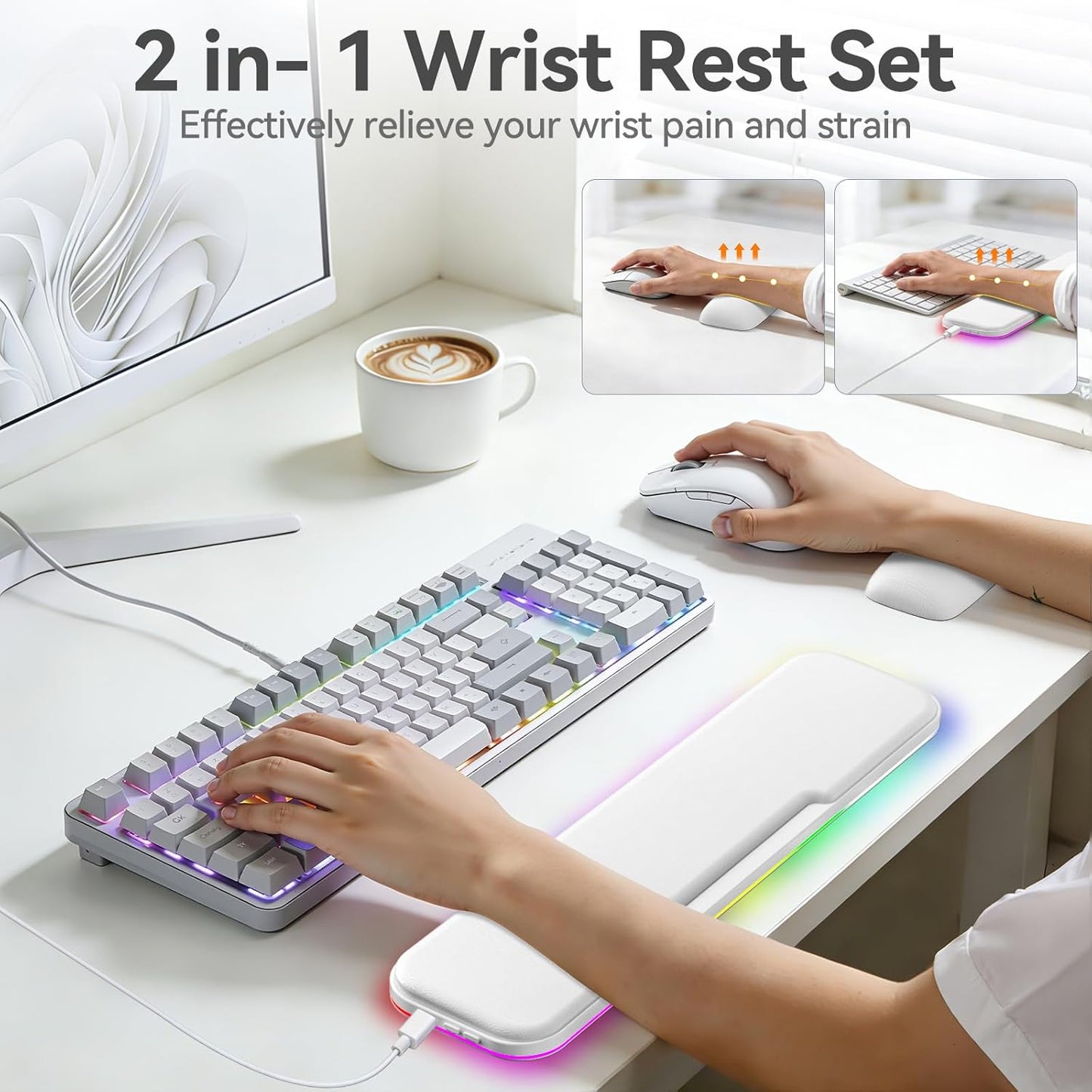 2-in-1 Heated Wrist Rest Set, Ergonomic Memory Wrist Pad with RGB Lights and Non-Slip Base, Keyboard Mouse Wrist Rest for Computer Laptop Office Work and PC Gaming