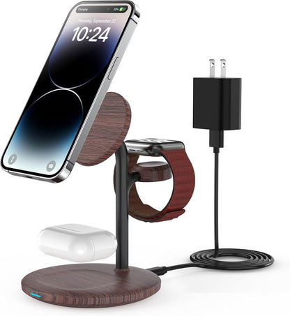 XooFly 3 in 1 Wireless Charging Station for Apple Devices, Fast Wireless Mag-Safe Charger Stand with 20W Adapter for iPhone 17 16 15 14 13 12 Pro Max/Air/Plus/Pro,iWatch,AirPods-Gift for Wife&Husband