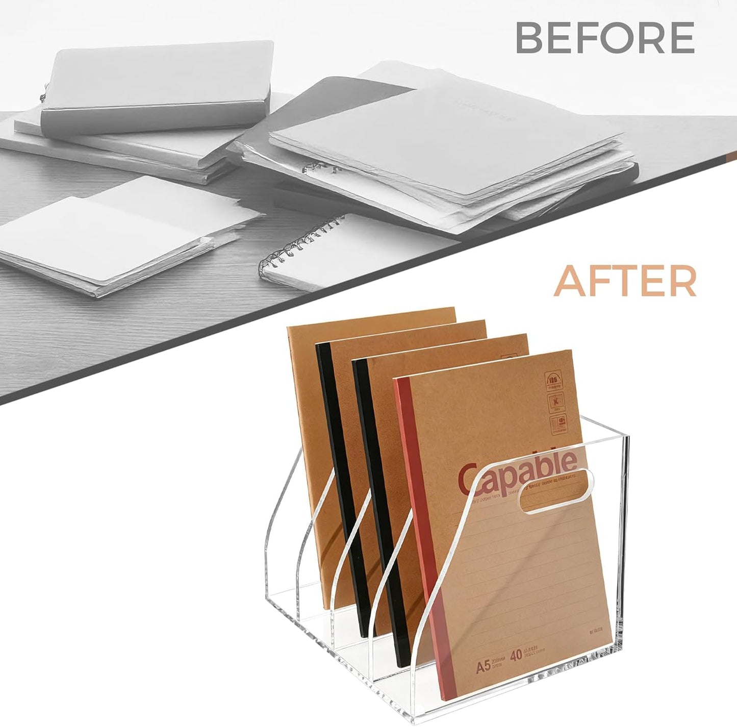 Acrylic Magazine File Holder, 4 Vertical Compartments Desk Document Sorter Organizer, Clear Folder Rack Binder for Office/Home/Classroom, for Documents, Tablet, Magazines, Books & Accessories