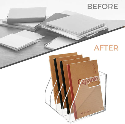 Acrylic Magazine File Holder, 4 Vertical Compartments Desk Document Sorter Organizer, Clear Folder Rack Binder for Office/Home/Classroom, for Documents, Tablet, Magazines, Books & Accessories