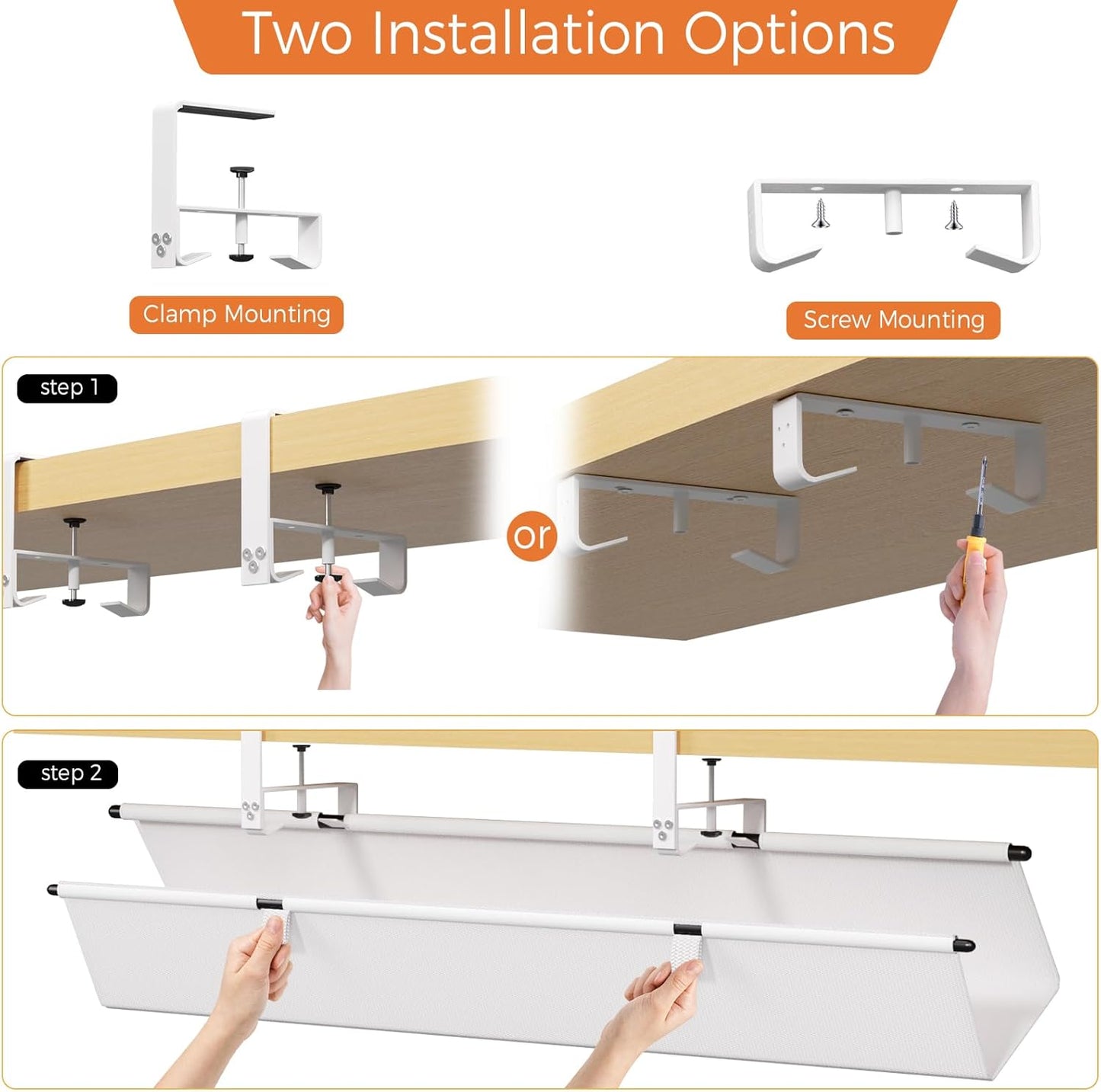 Under Desk Cable Management Tray - 36" Cord Organizer for Desk No Drill, Fabric Under Table Wire Organizer with 16X Cable Ties Hide for Office/Home, Cord Hider Fits Adapters & Sockets, White