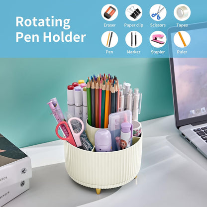 Marbrasse Desk Organizer, 360-Degree Rotating Pen Holder, Desk Organizers and Accessories with 5 Compartments Pencil Holder, Art Supply Storage Box Caddy for Office, Home（White）