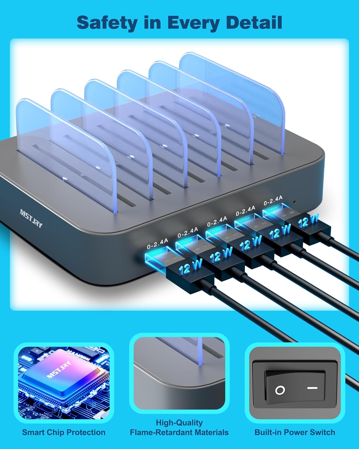 MSTJRY Charging Station for Multiple Devices : 5 Port Multi USB-A Charger Stations Multi-Device Organizer Charging Dock Designed for iPhone iPad Cell Phone Tablets (7 Short Cables Included)