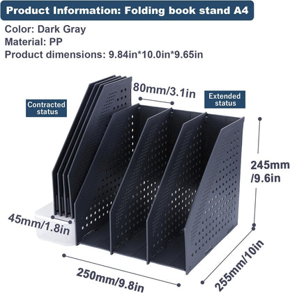 FRETONBA Collapsible Magazine File Holder with 2 Vertical Compartments Foldable Binder Holder for Desk Binder Storage Organizer Plastic Magazine Holders for Shelf, Dark Gray