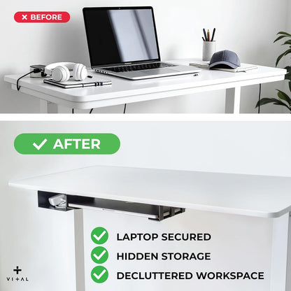 VI+AL Under Desk Laptop Mount - Hidden Metal Shelf with Side Storage, Hook & Cable Organizer - Installs with Tape & Screws - Fits Devices up to 1.7" Thick - Deluxe + LED (USB Light Strip & Remote)