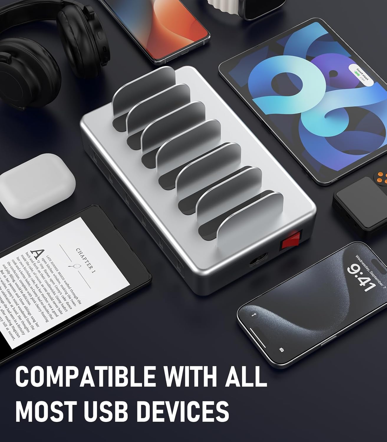 CREATIVE DESIGN 50W 6 Ports Multi Charger Station with 6 Charging Cables, USB Charging Dock for Multiple Devices, Compatible with Cellphone iPad Kindle Tablet and Other Electronic Devices