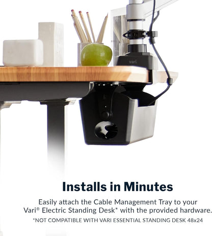 Vari Cable Management Tray - Under Desk Cord & Wire Organizer - Ideal for Home Office Sit Stand Desks - Fits Adjustable Electric Standing Desk 48x30, 60x30, 60x24, 72x30 - Easy Assembly (Black)