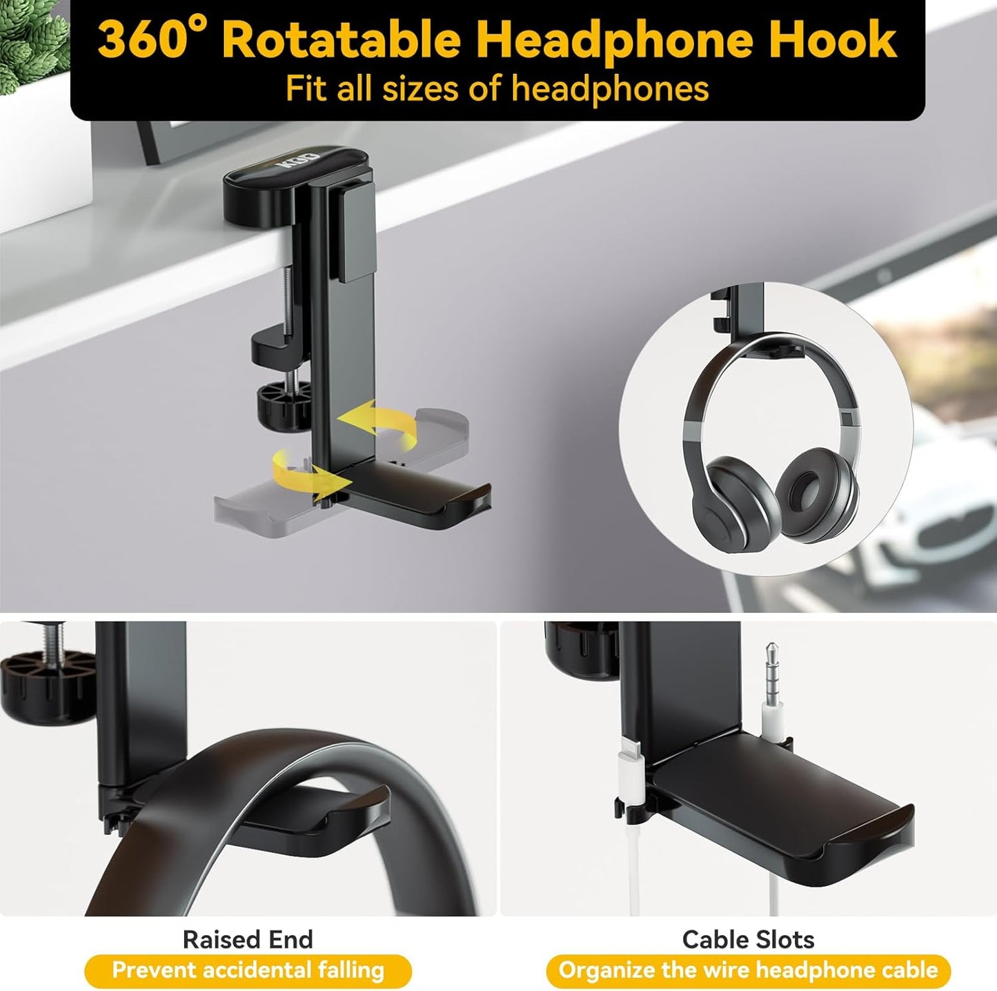 KDD 4-in-1 Desk Organizer - Under Desk Cup Holder and Headphone Hanger with 2 Wire Holes - Rotating Hanger and Detachable Storage for Cup, Phone and Pen (White)