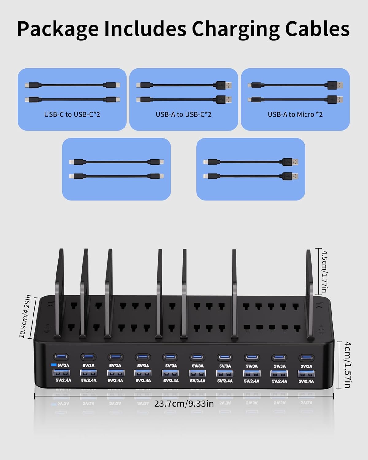 270W Charging Station for Multiple Devices, 20-Port USB Fast Charging Station with Adjustable Dividers & 10 Cables, Multi Device Organizer Charging Dock for iPhone, iPad, Tablets & More(Black)