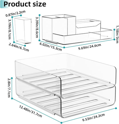 Paper Organizer Letter Tray - Acrylic Stackable Desk File Organizer with 5-Gird Tray and Pencil Holder, Clear File Organizer for Desk, Office Organizer for File Paper, Ipad, Letter, Small Item Etc