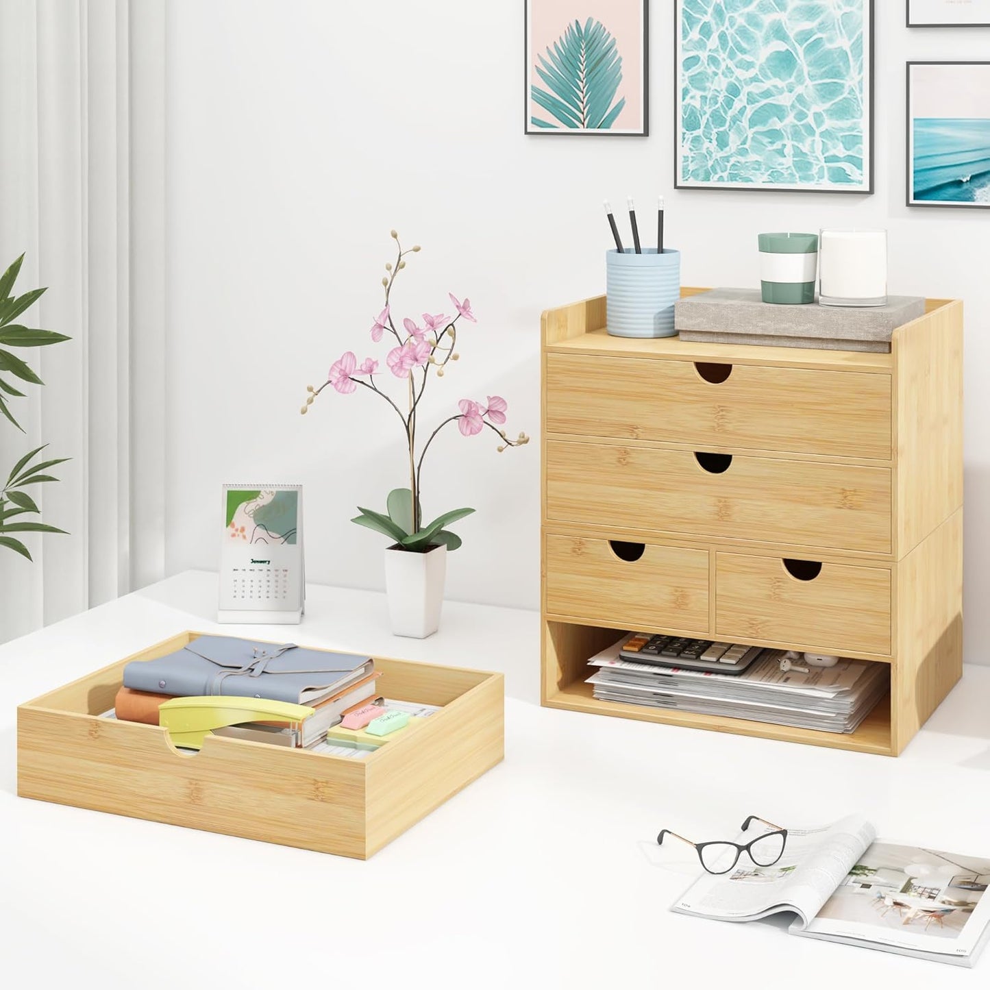 Wisuce Bamboo Desk Drawer Organizer, 3 Drawer Desktop Organizer with Drawers Tabletop Storage Organization Box for Office Home Toiletries Supplies Vanity, No Assembly Required