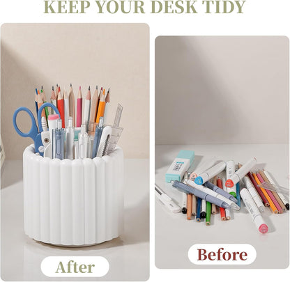 Anyoifax 360° Rotating Pen Holder 7 Slots Desk Organizer Removable Pencil Cup Plastic Art Supplies and Accessories Desktop Storage Box Caddy for Office, School, Home (White)