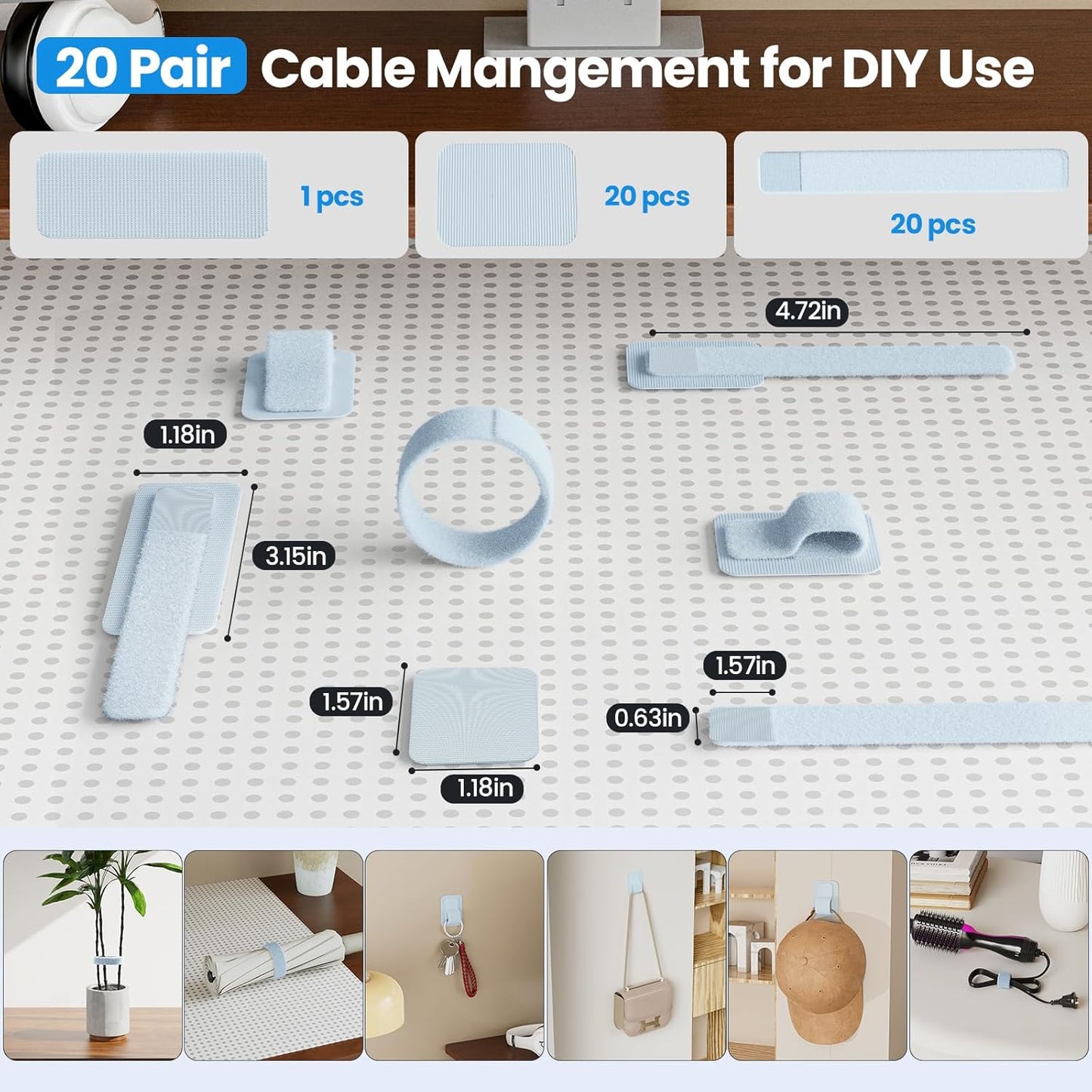 Cable Management Under Desk, 【Up to 15 Cord】【Enhanced Wire Holder】 Cord Organizer, Adjustable Hook and Loop Cable Ties, Home Office Essentials, Cable Hider Clips Under Table, 20 Pair