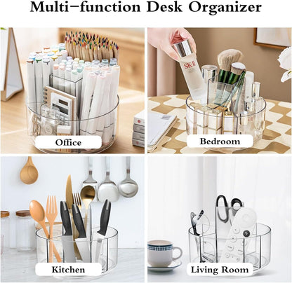 JIKIOU Acrylic Pen Holder, 360-Degree Rotating Pen Holder for Desk, Clear Desk Organizers and Accessories with 5 Compartments Pencil Organizer, Art Supply Storage Box Caddy for Office, Home