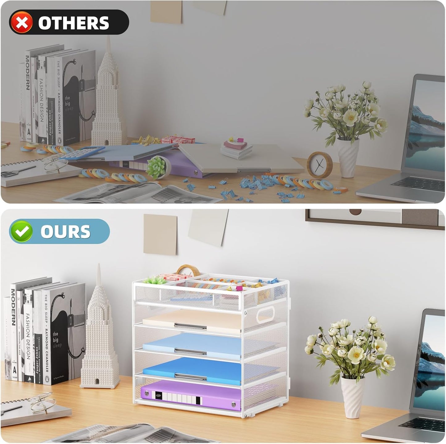 Marbrasse 5-Tier Letter Tray Paper Organizer with Handle, Multi-Functional Mesh File Organizer for Desk, Adjustable Compartments Mesh Desktop Storage for Office Supplies,Black