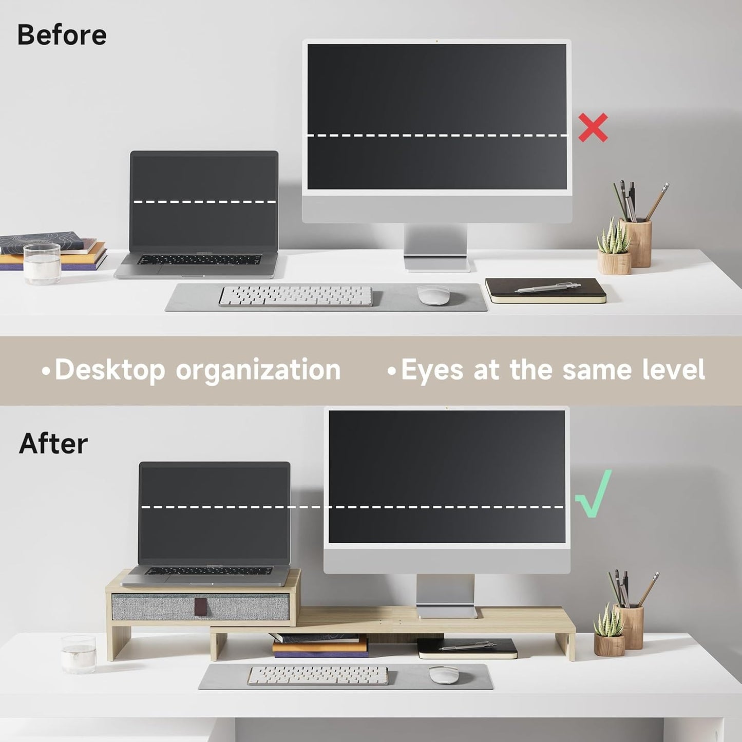 Fenge Computer Monitor Riser Stand with Drawer for 2 or 3 Monitors ,Adjustable Length and Angle Desktop Laptop Stand,Office Organizer,Printer,Black