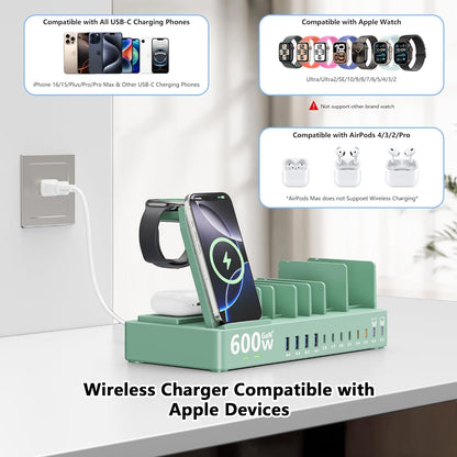 600w Charging Station for Multiple Devices, 15 in 1 Wireless Charging Station for Apple, Dual 100w USB C Tablet Charging Station for MacBook,iPhone,iPad,Tablet(Black)