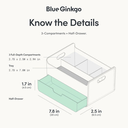BLUE GINKGO Compact Desk Organizer – Small 5-Compartment, Half Drawer Storage – Pen Holder, Stationery Organizer for Desktop, Vanity, Shelf (Made in Korea, Green)