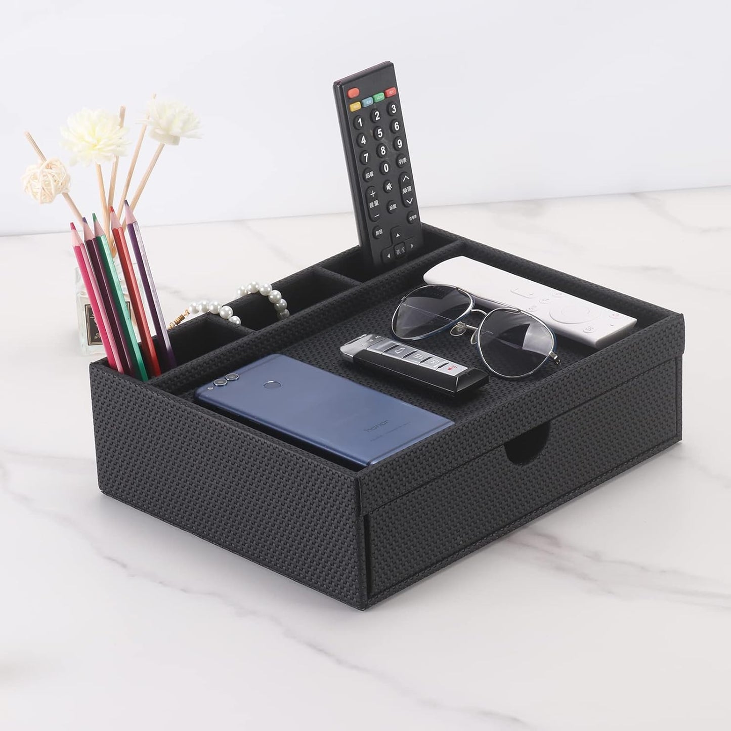 Leather Desk Organizer With Drawers, Home Cosmetics & Phone Remote Organizer, Drawer Plus Divider & Tray (white)