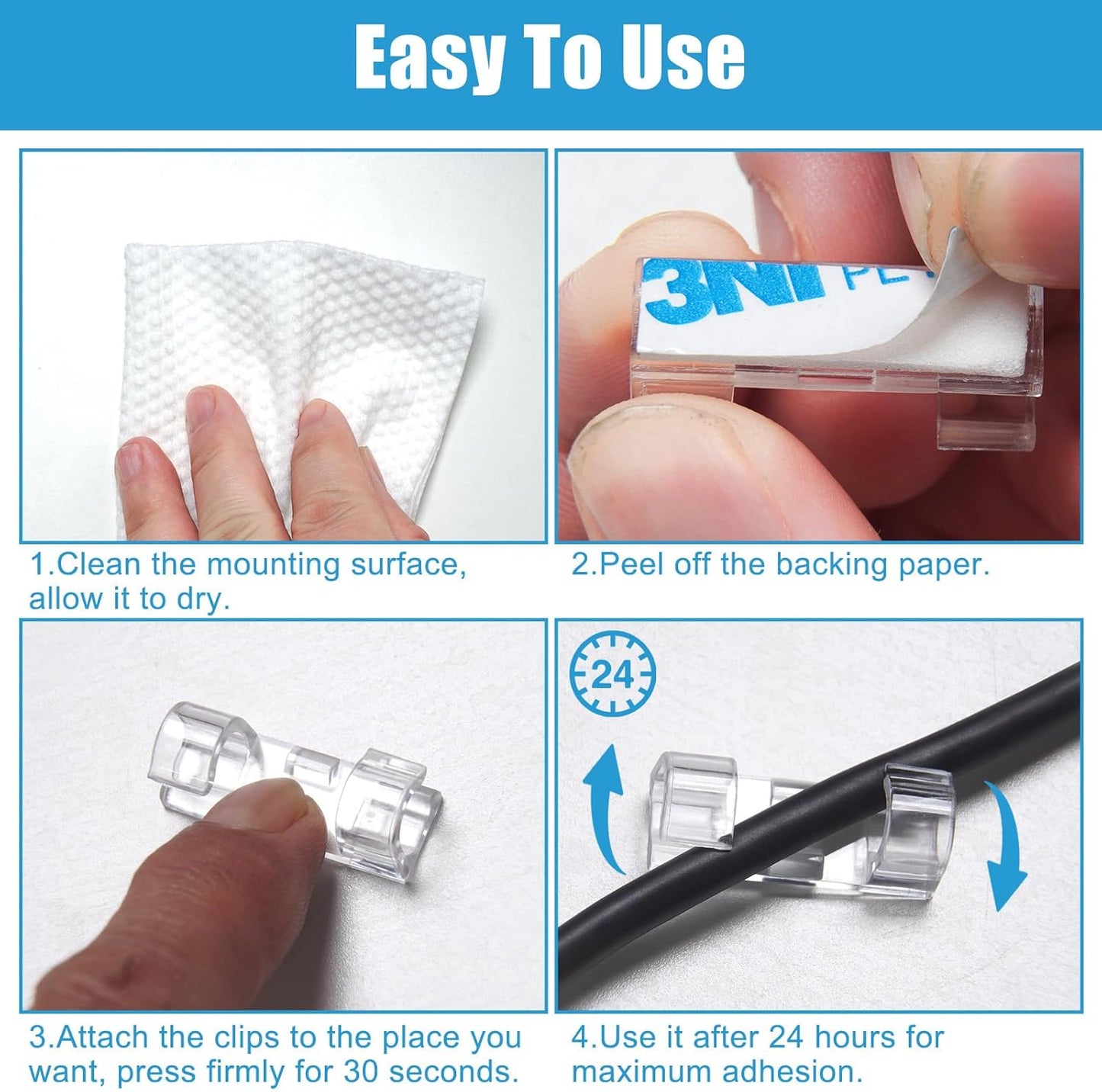 40PCS Strong Adhesive Cable Clips Clear, Premium Wire Holders for Wall, Strong Cord Organizer Under Desk, Car, PC, Christmas Light Indoor/Outdoor