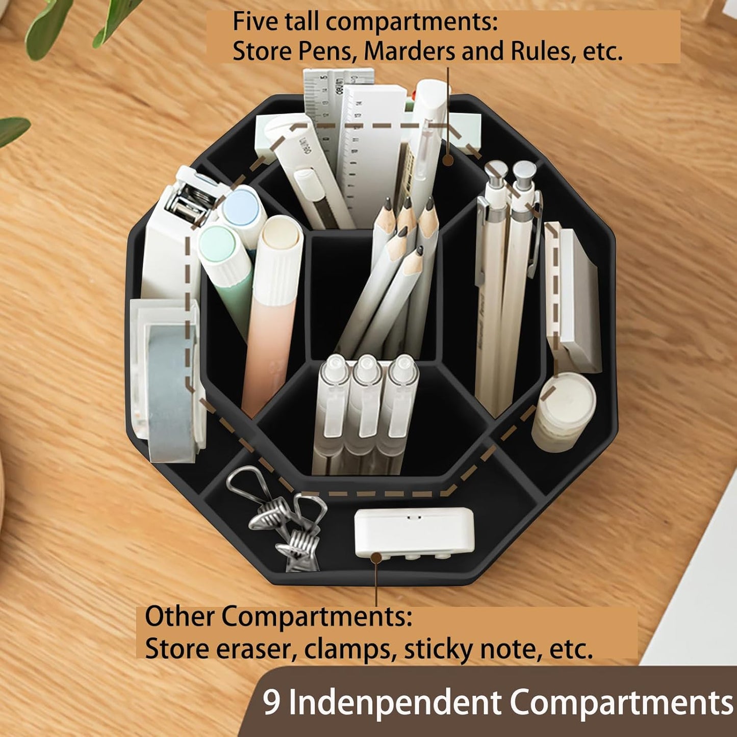Pencil Pen Holder for Desk, 9 Slots 360 Degree Rotating Desk Organizer, Cute Pen Organizers Stationery Supplies for Office Home & Art Supply (Beige)