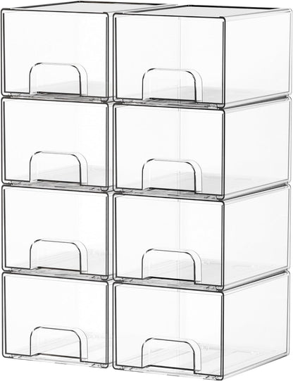 Yieach 4 Pack Clear Stackable Storage Drawers,4.4'' Tall Acrylic Drawer Containers for Organizing,Bathroom Organizers and Storage Bin Box,Plastic Makeup,Medicine Organizer Bins for Cabinet,Undersink