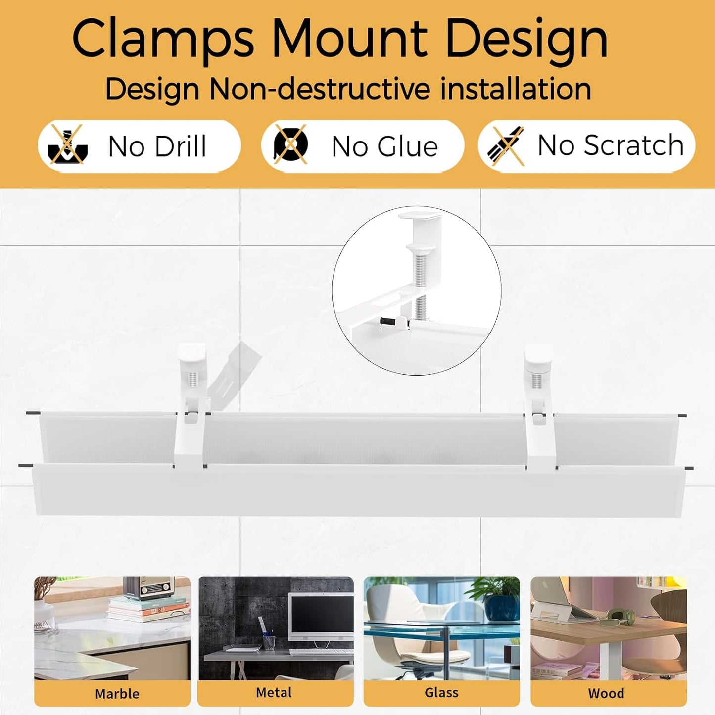 Under Desk Cable Management Tray 27.2" - No Drill Computer Wire Organizer Cable Tray, Cord Hider Clamp Mount with 16X Cable Ties PC Cables Management Cord Holder for Office/Home (Upgrade Fabric,White)