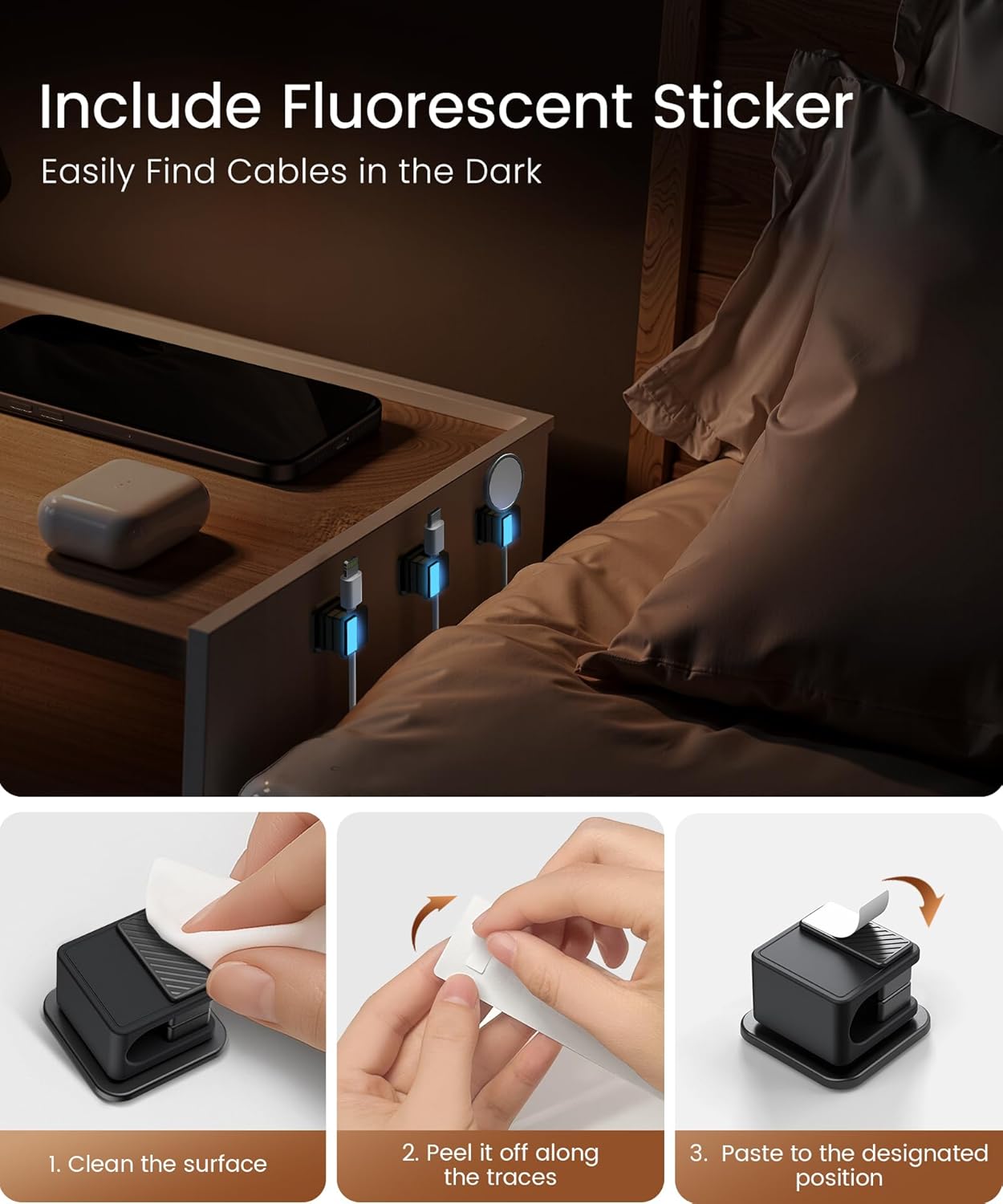 6 Pack Magnetic Cable Clips, Glow in The Dark Cable Holders, GolbinBox Cord Organizer with Shockproof Silicone, Fits up to 8mm Adhesive Cord Clips for Desk, Wall, Nightstand, Car, Home, Office, Blue